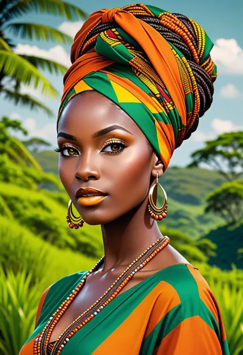 AWO elegants African women, with intricate braided hair and a colorful headwrap, standing proudly in front of a lush green landscape, brown and orange contrast, black background, colorful clothes