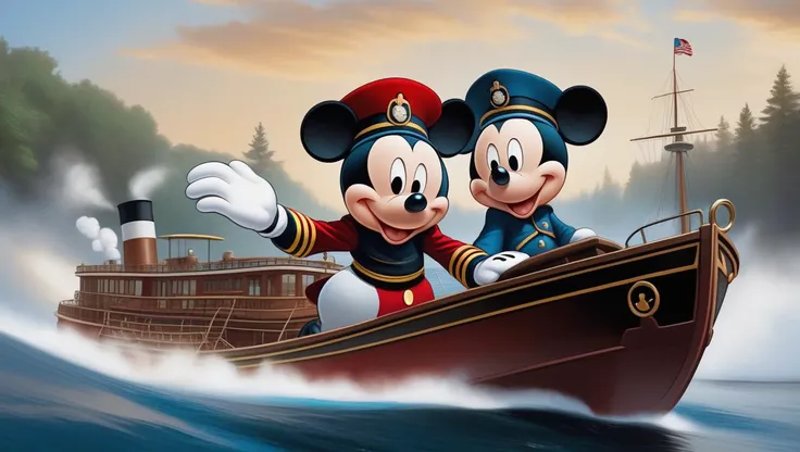 {(mickey mouse wearing a captain's hat and cartoon gloves, steering steamboat willy:1.3) on (lake huron:0.3)}