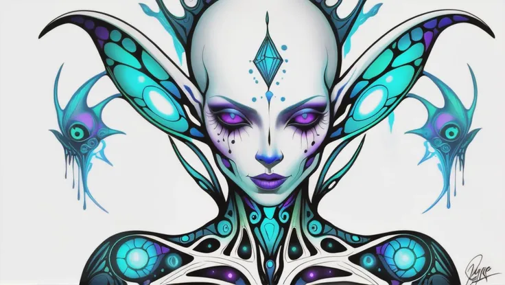 fantasy, psychedelic, aerial shot of a alien,ripped_white_bodysuit_nylon, crazy_eyes,, lust_demon,spell-casting,sheer_blood_mage_robes,tattoos,(glowing_vivid_inked_tattoos:1.4), breasts,nsfw,