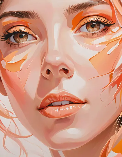 Abstract art painting featuring a young woman, side view, happiness and sensuality radiating from her face. Warm pastel colors - peach, salmon, and golden hues - blend together harmoniously on her skin, creating a soft, dreamy effect. The background is a crisp white, allowing the vibrant colors to pop against the contrast. Extreme close-up shot, focusing on the subject's face and upper body. The composition is carefully balanced, guiding the viewer's gaze towards the center of the canvas. Visually stunning, breathtaking, and emotionally charged.