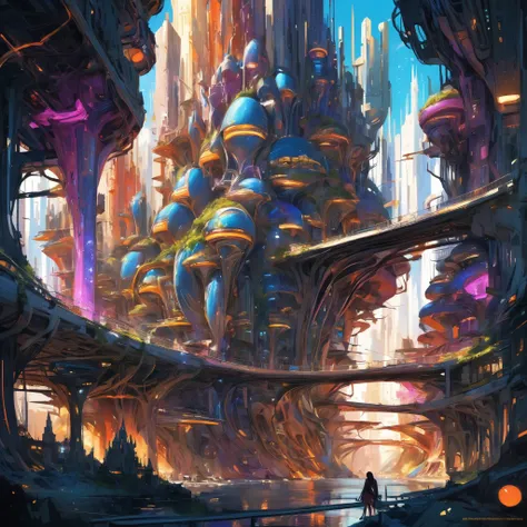 (concept art:1), in a street of a white membranous organically inspired pulsating city, the buildings glow internally with many bright colors, curvaceous, metal beams, towering, interlocking, interconnected, organic, cosmopolitan, multicultural, traditional, bridges, crowded, utopia, nature, overgrown BREAK a princess, brooding, overwhelmed, wistful, melancholy, arm support, sharp focus, wide angle, landscape, dichotomy, severance