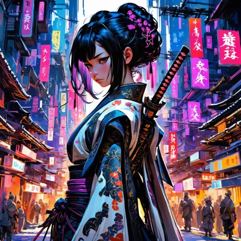(concept art:1), in a street of a white membranous organically inspired pulsating city, the buildings glow internally with many bright colors, curvaceous, electric veins, metal beams, towering, interlocking, interconnected, organic, cosmopolitan, multicultural, traditional, bridges, crowded, utopia, nature, overgrown BREAK a traditional \(cyber fiber\) samurai princess, brooding, overwhelmed, wistful, melancholy, arm support, sharp focus, wide angle, landscape, dichotomy, severanc