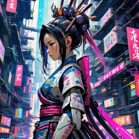 (concept art:1), in a street of a white membranous organically inspired pulsating city, the buildings glow internally with many bright colors, curvaceous, electric veins, metal beams, towering, interlocking, interconnected, organic, cosmopolitan, multicultural, traditional, bridges, crowded, utopia, nature, overgrown BREAK a traditional \(cyber fiber\) samurai princess, brooding, overwhelmed, wistful, melancholy, arm support, sharp focus, wide angle, landscape, dichotomy, severanc