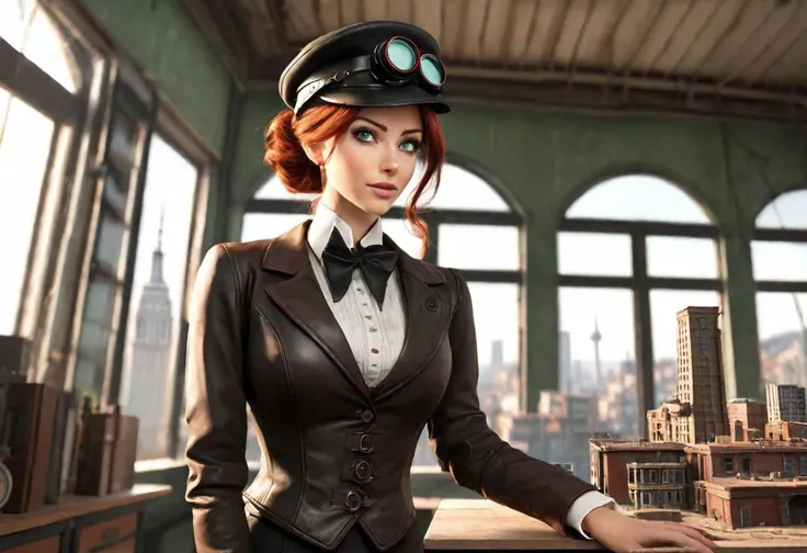 steampunk woman, 30 years old, red hair, green eyes, standing in workshop, 4k, cinematic, realistic, happy, modest outfit,leather jacket, waist coat, bow tie around neck, safety googles, looking at tiny model of city on table holding building in hand, view from below:1.2