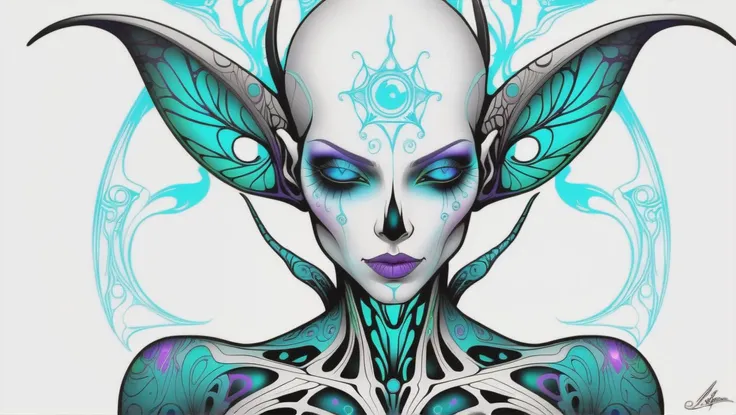 fantasy, psychedelic, aerial shot of a alien,ripped_white_bodysuit_nylon, crazy_eyes,, lust_demon,spell-casting,sheer_blood_mage_robes,tattoos,(glowing_vivid_inked_tattoos:1.4), breasts,nsfw,