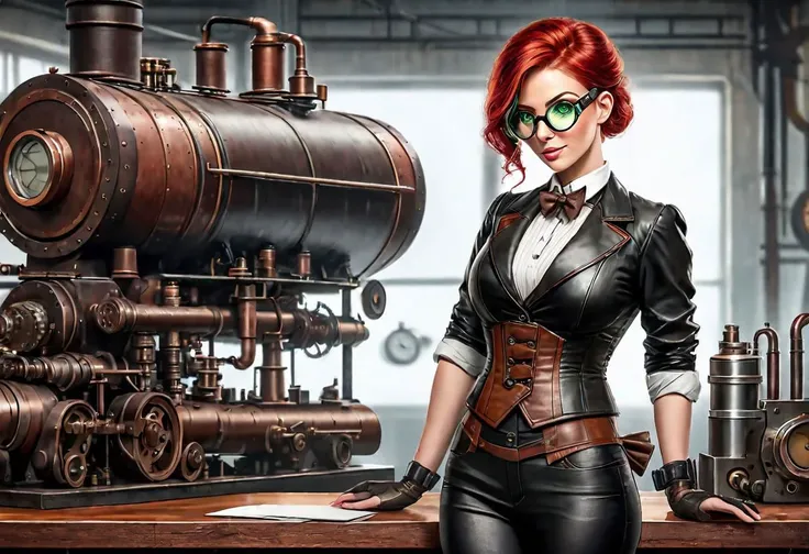steampunk woman, 30 years old, red hair, green eyes, standing fullbody, steam piston engine on table, 4k, cinematic, realistic, happy, modest outfit,leather jacket, waist coat, bow tie around neck, safety googles