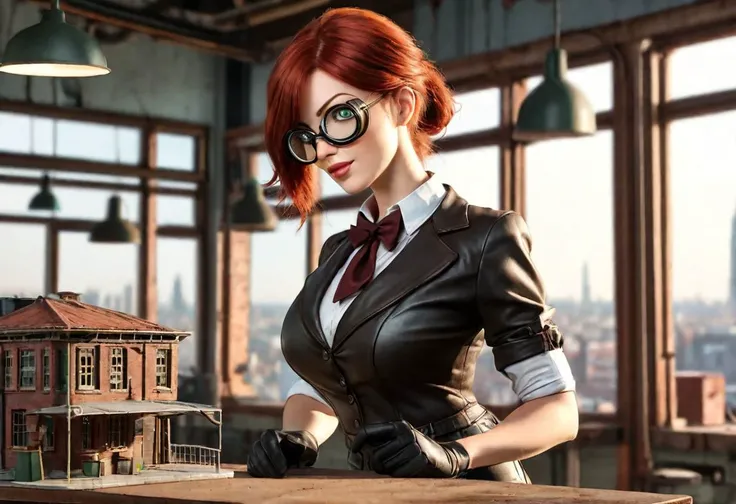 steampunk woman, 30 years old, red hair, green eyes, standing in workshop, leaning on table, 4k, cinematic, realistic, happy, modest outfit,leather jacket, waist coat, bow tie around neck, safety googles, looking at tiny model of city on table holding building in hand, view from below:1.2