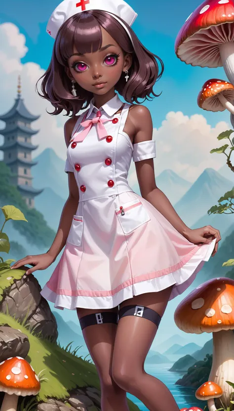 pastel goth, anime style, medium breasts, hourglass figure, depth of field, 1girl, (ruby sex doll nurse:1.3), (on a  mushroom:1.3), scenery, (full body:1.4), thigh gap, brown hair, French Roll,braid, pose, [:outlandish, formal costume design:0.2], , (small breasts:1.5), athletic thicc toned hourglass figure,(muscular:0.6), skindentation, ((china dress, shoulder cutout:1.2):1.2), (african, dark skin:0.6), pastel colored clothes<lora:EnvyPastelGothXL01:1.5><lora:EnvyCuteXL03:1>