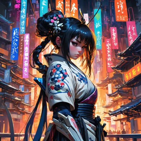 (concept art:1), in a street of a white membranous organically inspired pulsating city, the buildings glow internally with many bright colors, curvaceous, electric veins, metal beams, towering, interlocking, interconnected, organic, cosmopolitan, multicultural, traditional, bridges, crowded, utopia, nature, overgrown BREAK a traditional \(cyber fiber\) samurai princess, brooding, overwhelmed, wistful, melancholy, arm support, sharp focus, wide angle, landscape, dichotomy, severanc