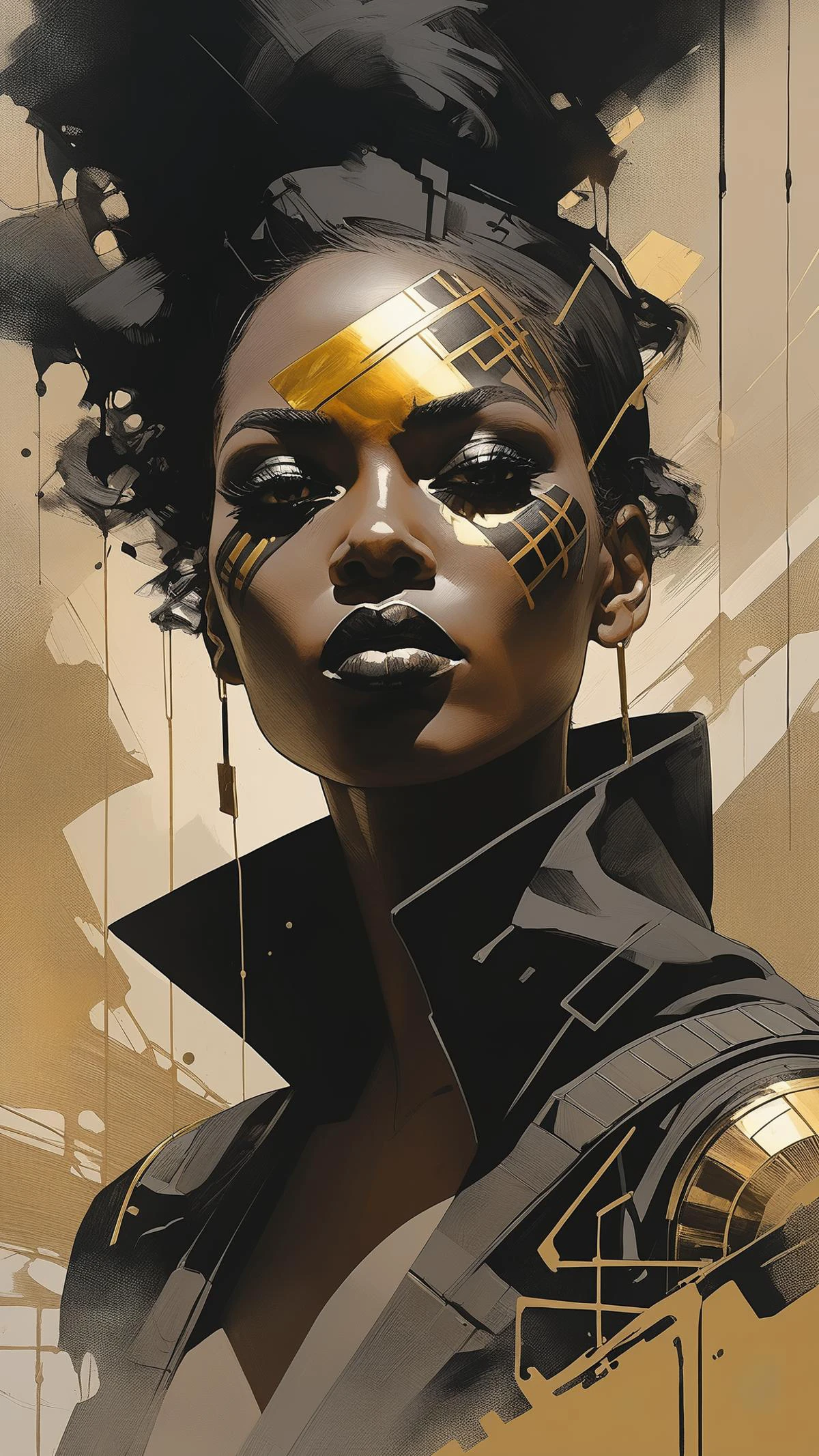designed by greg manchess,smoke, Close Portrait of a Black model woman, bright eyes, glossy lips, futuristic gold face war paint, trending on art station, photoreal, 8 k, octane render by greg rutkowski, art by Carne Griffiths and Wadim Kashin ,in the style of Dau-al-Set, Pollock, and inspired by MAPPA and Zdzislaw Beksinski, <lora:add-detail-xl:1> <lora:AshleyWoodArtAIcc:0.8><lora:Graphic_Portrait_v2:0.4>