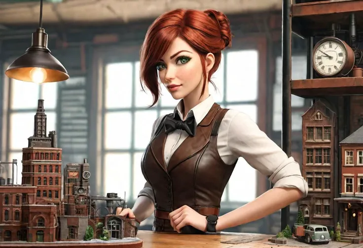 steampunk woman, 30 years old, red hair, green eyes, standing in workshop, leaning 4k, cinematic, realistic, happy, modest outfit,leather jacket, waist coat, bow tie around neck, safety googles, looking at tiny model of christmas city on table holding building in hand, view from below:1.2