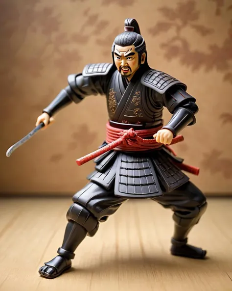 (An old rubber samurai doll toy), attack pose, fury expression, (Meiji style painting background), realistic photo, intricate details, natural soft lighting