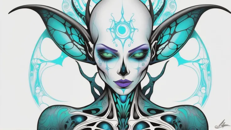 fantasy, psychedelic, aerial shot of a alien,ripped_white_bodysuit_nylon, crazy_eyes,, lust_demon,spell-casting,sheer_blood_mage_robes,tattoos,(glowing_vivid_inked_tattoos:1.4), breasts,nsfw,