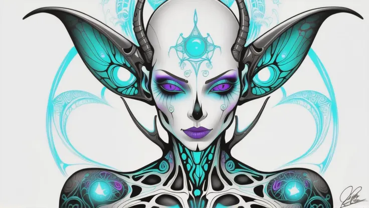 fantasy, psychedelic, aerial shot of a alien,ripped_white_bodysuit_nylon, crazy_eyes,, lust_demon,spell-casting,sheer_blood_mage_robes,tattoos,(glowing_vivid_inked_tattoos:1.4), breasts,nsfw,