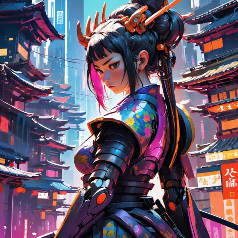 (concept art:1), in a street of a white membranous organically inspired pulsating city, the buildings glow internally with many bright colors, curvaceous, electric veins, metal beams, towering, interlocking, interconnected, organic, cosmopolitan, multicultural, traditional, bridges, crowded, utopia, nature, overgrown BREAK a traditional \(cyber fiber\) samurai princess, brooding, overwhelmed, wistful, melancholy, arm support, sharp focus, wide angle, landscape, dichotomy, severanc