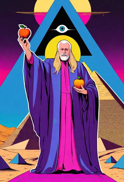 Tarot card design for the magician card with Robert Anton Wilson wearing wizard robes holding a magic wand in one hand and a golden apple in the other, in the desert with a huge pyramid with an eye staring at him from the background , unit bordering too and sides of image, dark vaporwave color palette,