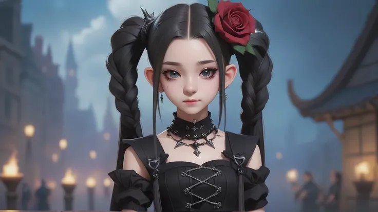 portrait of a person wearing a costume, (16-year-old:1.4) anime girl wearing a black dress, dark elf princess, cutecore, dressed in crustpunk clothing, li zixin, spiked collar, black rose, taken in 2 0 2 0, bl, with black pigtails, young beautiful amouranth, ulzzang, h. u. d, album art, (perfect hands:1.3)