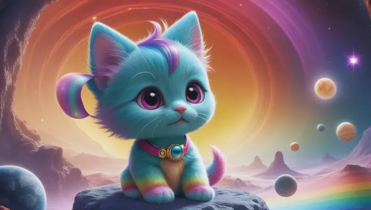 (realistic:1.3), realism, photo realistic, fluffy, cute and adorable, cute , cinematic smooth, intricate detail, cinematic, space, RGB rainbow colors, Creature, solar system, planets, space creature, fantasy, pet, enchanting, precious, loveable, funny, stars, nebula, bifrost, animal, SpaceShip, dopy, goofy, huge eyes, (wet:1.4), (hell scape background:1.3), <lora:add-detail-xl:1>