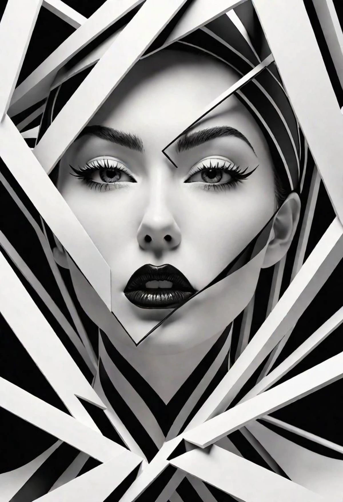 3D, hyper raliste, forme gomtrique impossible, femme entire de mtal, imbrique, lgante, harmonieuse, fine et esthtique, couleur inspire de l'art du Brutalisme, noir et blanc