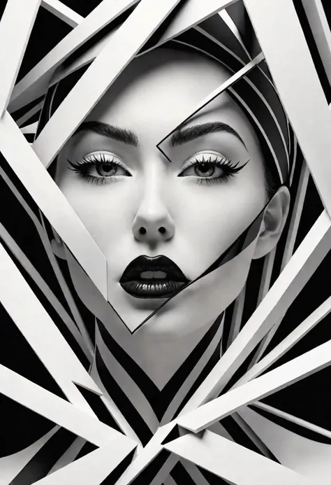 3D, hyper raliste, forme gomtrique impossible, femme entire de mtal, imbrique, lgante, harmonieuse, fine et esthtique, couleur inspire de l'art du Brutalisme, noir et blanc