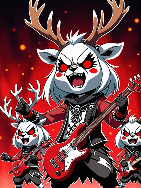 anime screenshot of an angry anthro reindeer band performing wearing death metal facepaint, short antlers, (sanrio style:1.2), chibi, flat color, harsh lighting, dramatic asymmetrical pose, red and black lighting