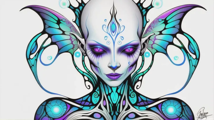 fantasy, psychedelic, aerial shot of a alien,ripped_white_bodysuit_nylon, crazy_eyes,, lust_demon,spell-casting,sheer_blood_mage_robes,tattoos,(glowing_vivid_inked_tattoos:1.4), breasts,nsfw,