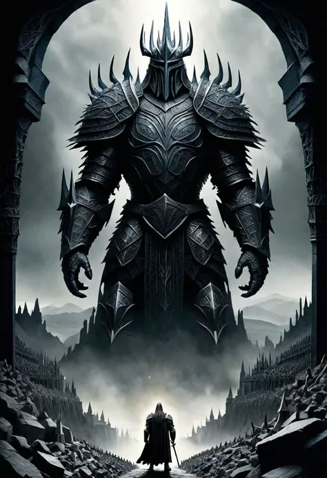 (tolkien themed masterpiece:1.5), (best quality:1.5), (ultra detailed:1.5), (aesthetic + beautiful + harmonic:1.5), (symmetrical intricate details + sharpen symmetrical details) | (Then Morgoth came. For the last time in those great wars he dared to climb from subterranean throne profound, the rumour of his feet a sound of rumbling earthquake underground. Black-armoured, towering, iron-crowned he issued forth; his mighty shield a vast unblazoned sable field with shadow like a thundercloud; and o'er the gleaming king it bowed, as huge aloft like mace he hurled that hammer of the underworld, Grond. Clanging to ground it tumbled down like a thunder-bolt, and crumbled the rocks beneath it; smoke up-started, a pit yawned, and a fire darted.:1.5)