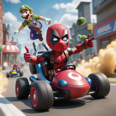 In the whimsical world of Nintendo's Mario Kart, a raucous and unorthodox competitor takes the track as Deadpool revs his kart's engine, pistols and swords in hand, determined to clinch the victory. With his characteristic red and black attire, Deadpool's irreverence stands out amidst the colorful chaos. The karts of familiar Mario characters surround him, but Deadpool's determination is unmatched. Gripping pistols in one hand and brandishing swords in the other, he's a whirlwind of action. The Mushroom Kingdom's landscapes transform into an unpredictable playground as Deadpool's kart leaves a trail of chaos and surprises. The atmosphere is one of uproarious fun and Deadpool's characteristic humor, as he races towards the finish line with every intention of claiming the win. The scene is visualized through a playful and energetic digital artwork, capturing the zany spirit of Deadpool's Mario Kart adventure, competition, Mario, Mario, Luigi, 3d, render, 8k, uhd, award-winning composition