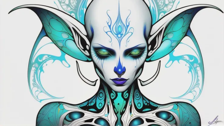 fantasy, psychedelic, aerial shot of a alien,ripped_white_bodysuit_nylon, crazy_eyes,, lust_demon,spell-casting,sheer_blood_mage_robes,tattoos,(glowing_vivid_inked_tattoos:1.4), breasts,nsfw,