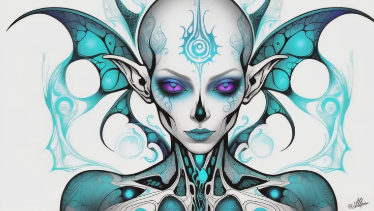 fantasy, psychedelic, aerial shot of a alien,ripped_white_bodysuit_nylon, crazy_eyes,, lust_demon,spell-casting,sheer_blood_mage_robes,tattoos,(glowing_vivid_inked_tattoos:1.4), breasts,nsfw,