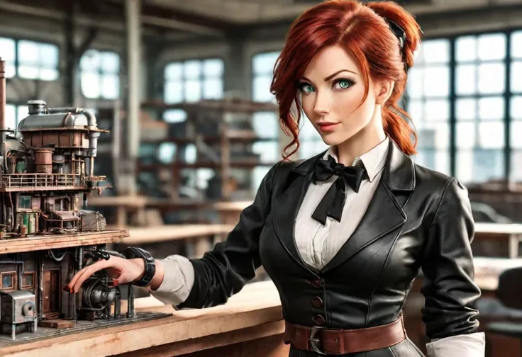 steampunk woman, 30 years old, red hair, green eyes, standing in workshop, leaning on table, 4k, cinematic, realistic, happy, modest outfit,leather jacket, waist coat, bow tie around neck, safety googles, looking at tiny model of city on table holding building in hand, view from below:1.2