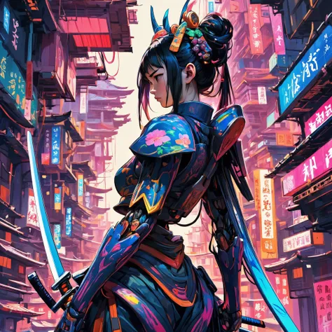 (concept art:1), in a street of a white membranous organically inspired pulsating city, the buildings glow internally with many bright colors, curvaceous, electric veins, metal beams, towering, interlocking, interconnected, organic, cosmopolitan, multicultural, traditional, bridges, crowded, utopia, nature, overgrown BREAK a traditional \(cyber fiber\) samurai princess, brooding, overwhelmed, wistful, melancholy, arm support, sharp focus, wide angle, landscape, dichotomy, severanc