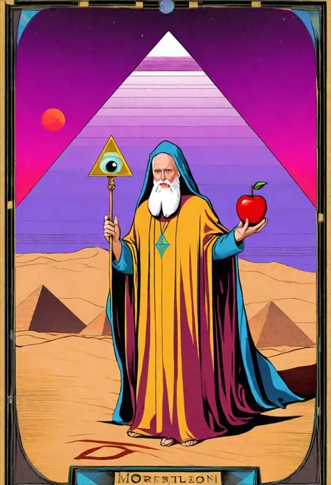 Tarot card design for the magician card with Robert Anton Wilson wearing wizard robes holding a magic wand in one hand and a golden apple in the other, in the desert with a huge pyramid with an eye staring at him from the background , unit bordering too and sides of image, dark vaporwave color palette,