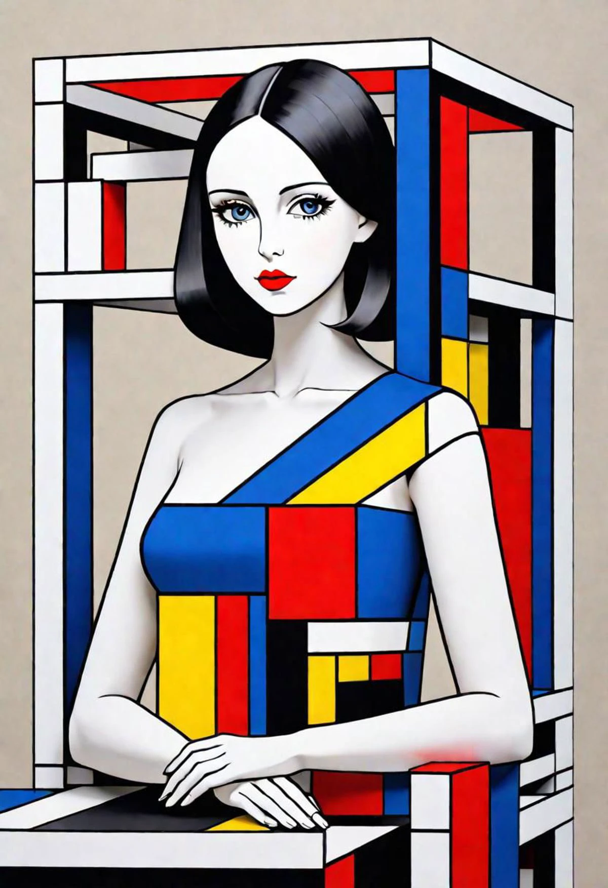 3D, impossible geometric shape, woman of paper, nested, elegant, harmonious, fine and aesthetic, color inspired by Mondrian, Vasarely