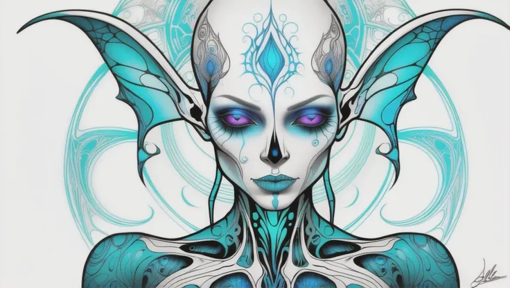 fantasy, psychedelic, aerial shot of a alien,ripped_white_bodysuit_nylon, crazy_eyes,, lust_demon,spell-casting,sheer_blood_mage_robes,tattoos,(glowing_vivid_inked_tattoos:1.4), breasts,nsfw,