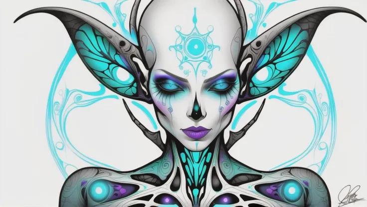 fantasy, psychedelic, aerial shot of a alien,ripped_white_bodysuit_nylon, crazy_eyes,, lust_demon,spell-casting,sheer_blood_mage_robes,tattoos,(glowing_vivid_inked_tattoos:1.4), breasts,nsfw,