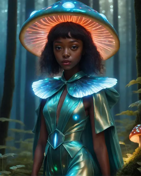 In a ((surreal, bioluminescent forest:1.2)), a 19-year-old black girl in ((shimmery, luminescent dress:1.3)) is otherworldly, her ((ulzzang-inspired wonder:1.1)), wearing a mushroom hat, (semi-realistic style:1.3), (hyper-realistic skin texture:1.3) matching the [mystical, glowing aura of the surroundings:0.9]