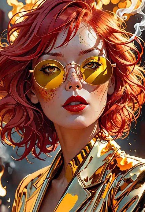 designed by greg manchess,smoke, Close Portrait of a woman, bright detailed eyes, sleek scarlet hair, dense freckles, matte lips, cigarette mouth, futuristic, gold glasses, trending on art station, smoke, abstract, photoreal, 8 k, octane render by greg rutkowski, art by Carne Griffiths and Wadim Kashin ,in the style of Dau-al-Set, Pollock, and inspired by MAPPA and Zdzislaw Beksinski, <lora:More Details:1> <lora:Noise Offset_v2:0.5>