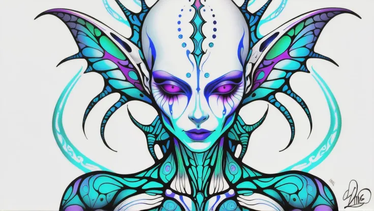 fantasy, psychedelic, aerial shot of a alien,ripped_white_bodysuit_nylon, crazy_eyes,, lust_demon,spell-casting,sheer_blood_mage_robes,tattoos,(glowing_vivid_inked_tattoos:1.4), breasts,nsfw,