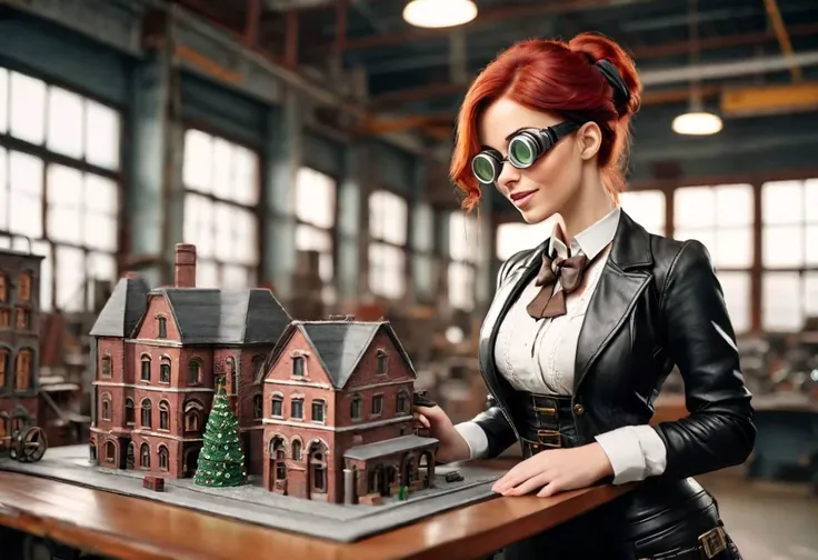 steampunk woman, 30 years old, red hair, green eyes, standing in workshop, leaning 4k, cinematic, realistic, happy, modest outfit,leather jacket, waist coat, bow tie around neck, safety googles, looking at tiny model of christmas city on table holding building in hand, close up view