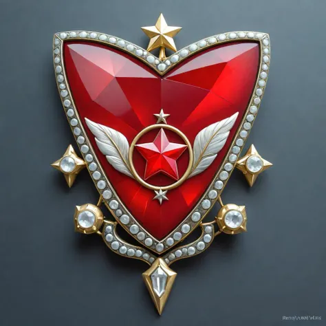 Magnificent Order of the Red Banner. Its heraldic form of shield with a star and a red banner above it, made of the finest red and white enamel, turns into a flash of a star, each ray of which is decorated with a symphony of precious stones. In his heart is a star made of crimson ruby. Set among rubies, green emeralds shine with a green hue. Delicate translucent red and white enamel, like shimmering auroras <lora:artfullyENGRAVED_SDXL_V1:0.4>, very detailed, transparent, oracle, in the style of hyperrealism, FORMATION, lies on black velvet in a museum, museum lighting