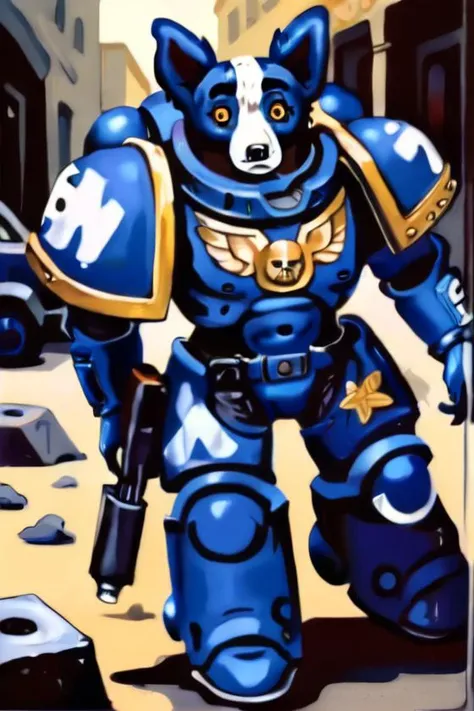 <lora:bledg:1> <lora:primaris_marine-knight_armor:0.5>
A hyper realistic, ultra detailed painting of a comic bledg blue dog in primaris armor in a war world. graphic illustration, comic art, graphic novel art, vibrant, highly detailed
No helmet.