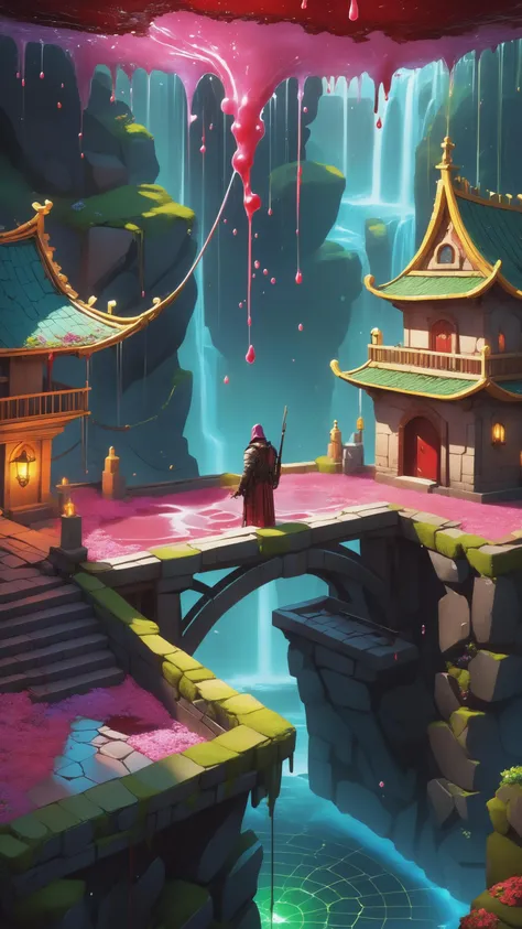 (simple background:1.2), (isometric 3d art of floating rock citadel), cobblestone, flowers, verdant, stone, moss, fish pool, (waterfall:1.2), cottage, ((1mechanical man)), solo, full body,(machine made joints:1.2), ((machanical limbs)), (rainbow blood vessels connected to tubes), (green mechanical vertebra attaching to back), ((mechanical cervial attaching to neck)), (wires and cables attaching to neck:1.2), (wires and cables on head:1.2), (blood:1.5), ((colourful blood splashes on background)), dynamic angle, beautiful detailed glow, (Captivating), (Intricate Detailed Cinematic Background), scary, blood splatter, swirling black light around the character, black light particles, (broken glass), magic circle, grotesque scene, (holy war action scene, intricate battlefield), (Bloodbath:1.1), pink rain, (raining blood)