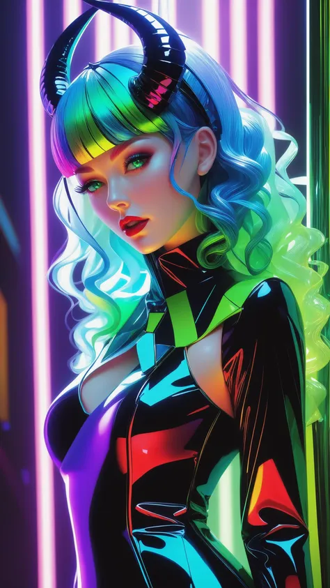 frilly hairstyle, latex dress, torso, body, 8k, ultra-detailed, highres, rainbow skin, shattered glass effect, (best quality, masterpiece:1.2), (deformad neon light:1.3), soft particles of fractal fire, volumetric lighting, (masterpiece, best quality), 1girl, intricate details, 8k, artstation, wallpaper, official art, splash art, sharp focus, dark atmosphere, black coat, black dress, white sleeves, sleeves past finger, sleeves past wrists, horns, (cottagetore), (geometric:1.2), futurism, impressionist, detailed, majestic, breathtaking, (suggestive:1.3), (depressing:1.3), (cute:1.2), enticing, (irresistible:1.3), disturbing, fascinating, (magnetic:1.2), (green), latex clothing, suggestive position, latex costume, Depth of field, vivid color, rainbow bloody veins growing and intertwining out of the darkness, (nailed wire), oozing thick blue blood, sharp neon, veins growing and pumping blood, vascular networks growing, under water