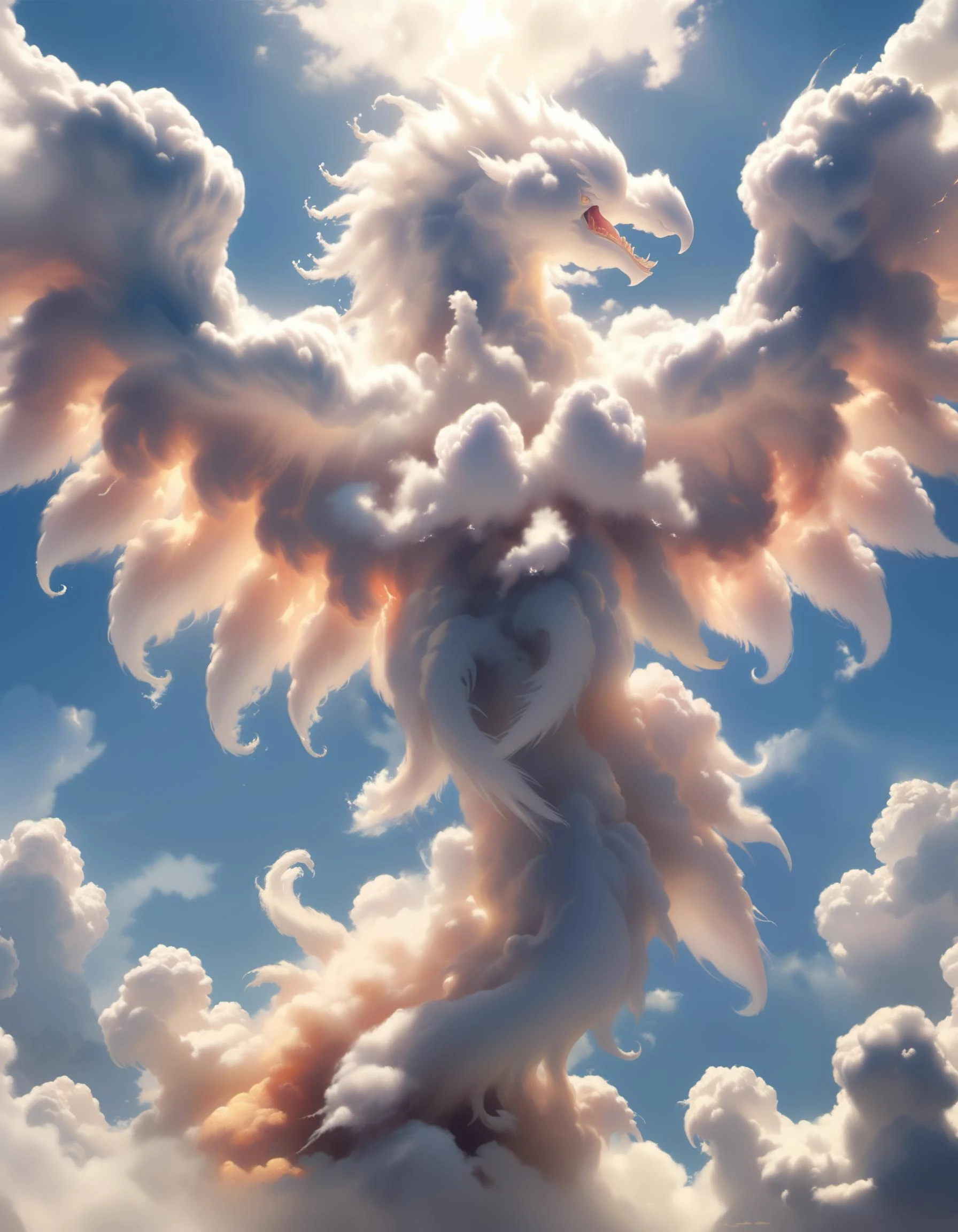 (masterpiece, best quality, high quality, highres), a picture of clouds in the shape of a Medium Enigmatic Root-like Serene Ethereal, Legless Bimanual, Digitigrade Appendages, Multi-Tailed, Spiked-Tailed, Exoskeleton, Phoenix Wings,