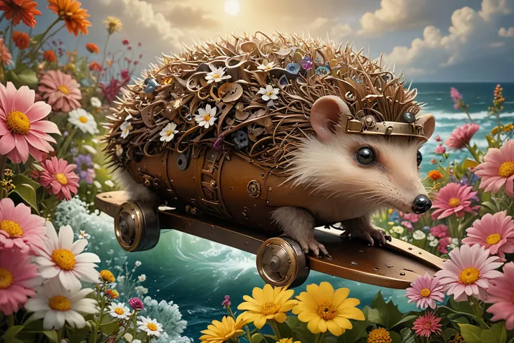 Peter Smeeth,Steampunk Art,deep focus,Direct light,
A hedgehog is surfing on a sea of flowers,<lora:PAseer-SDXL-AcceleratorLighting:1>,