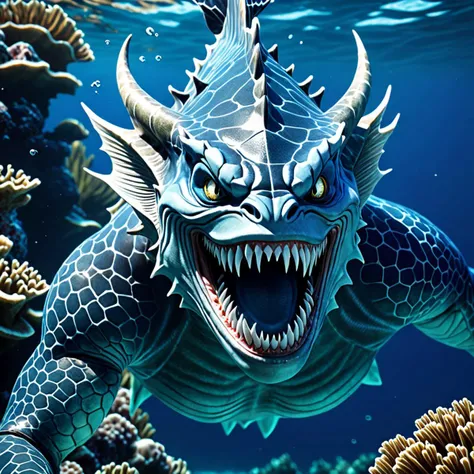 An aquatic demon, humanoid figure, angular features, blue skin tone, furrowed brow, sharp teeth, open mouth, underwater background, Unreal Engine 4, 3D, cinematic lighting, perfect eyes , realistic masterpiece, underwater sea life