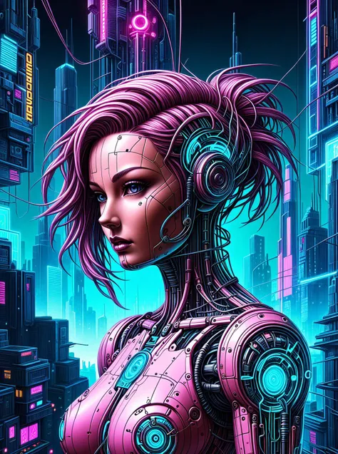 (Cyberpunk city background :1.4),Sense of space,Future City,Cyberpunk,mural of a female cyborg,by Ralph McQuarrie,by Aaron Horkey,circuitboard,dark futuristic,neon teal lightning,neon magenta lightning,neon cyan lightning,cables,wires,synthwave,vaporwave,Biomech,ink drawing,anatomical,Da_Vinci,vitruvian,science fiction,(masterpiece:1.2),best quality,(hyperdetailed, highest detailed:1.2),high resolution textures,<lora:Da_Vinci:0.8>,<lora:dvr-cpwr:0.8>,