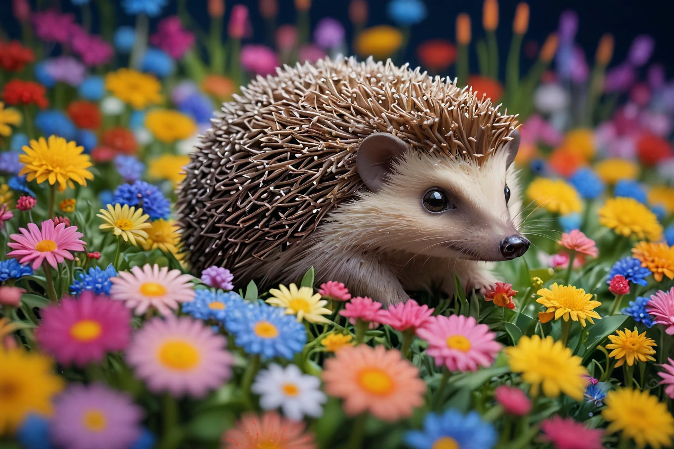 Robert William Hume,cyberdelic,shallow depth of field,Gel lighting,
A hedgehog is surfing on a sea of flowers,<lora:PAseer-SDXL-AcceleratorLighting:1>,