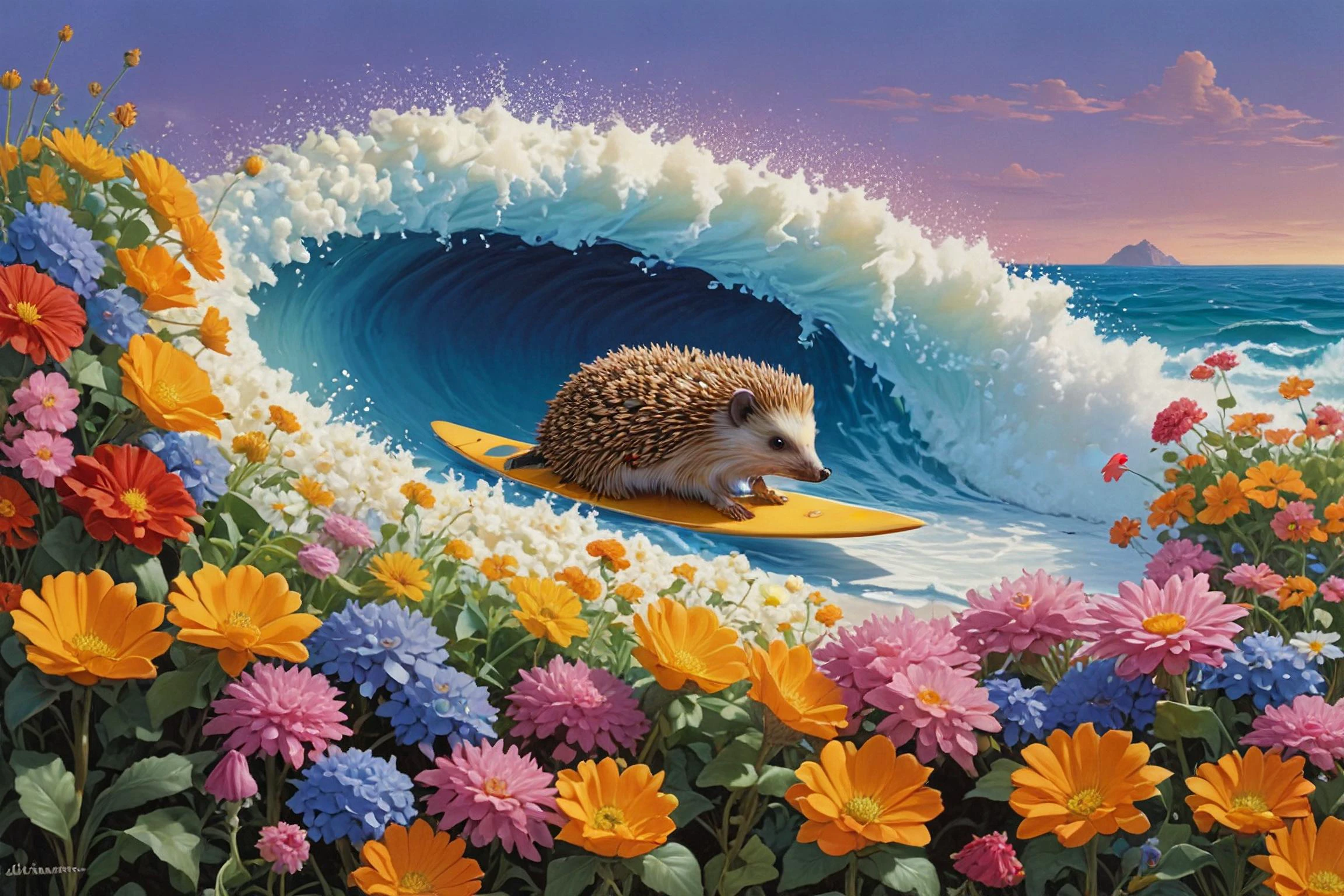 Michael Whelan,Orientalism Art,split diopter,Direct light,
A hedgehog is surfing on a sea of flowers,<lora:PAseer-SDXL-AcceleratorLighting:1>,